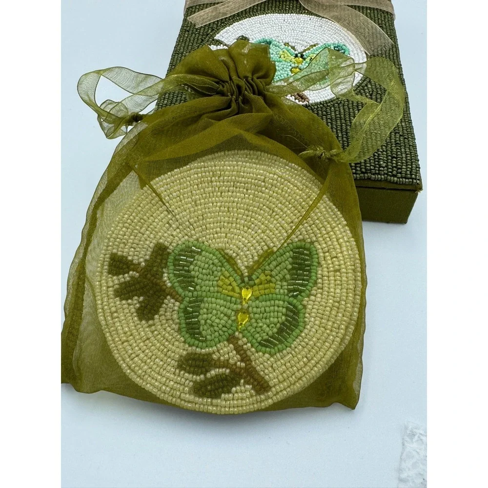 Green Butterfly Hand Beaded Coaster Set of 4 with Matching Beaded Storage Box